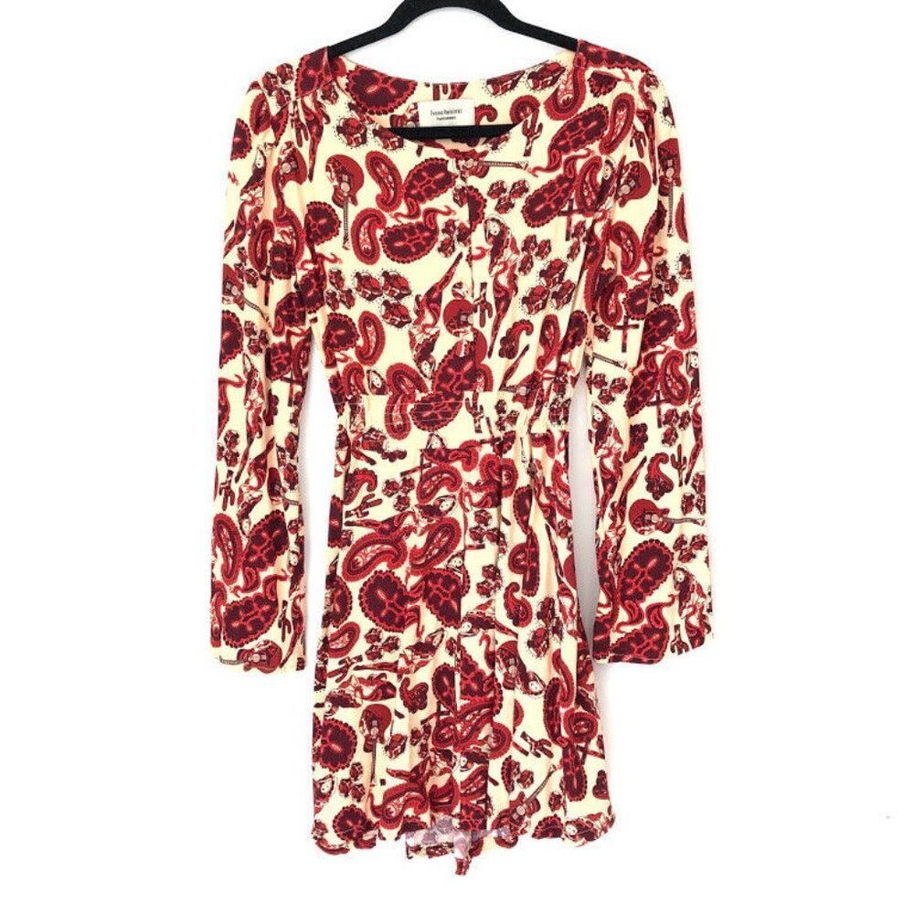 Ivana Helsinki Size 8 Red Paisley Floral Long Sleeve Flare Mini Dress Elastic